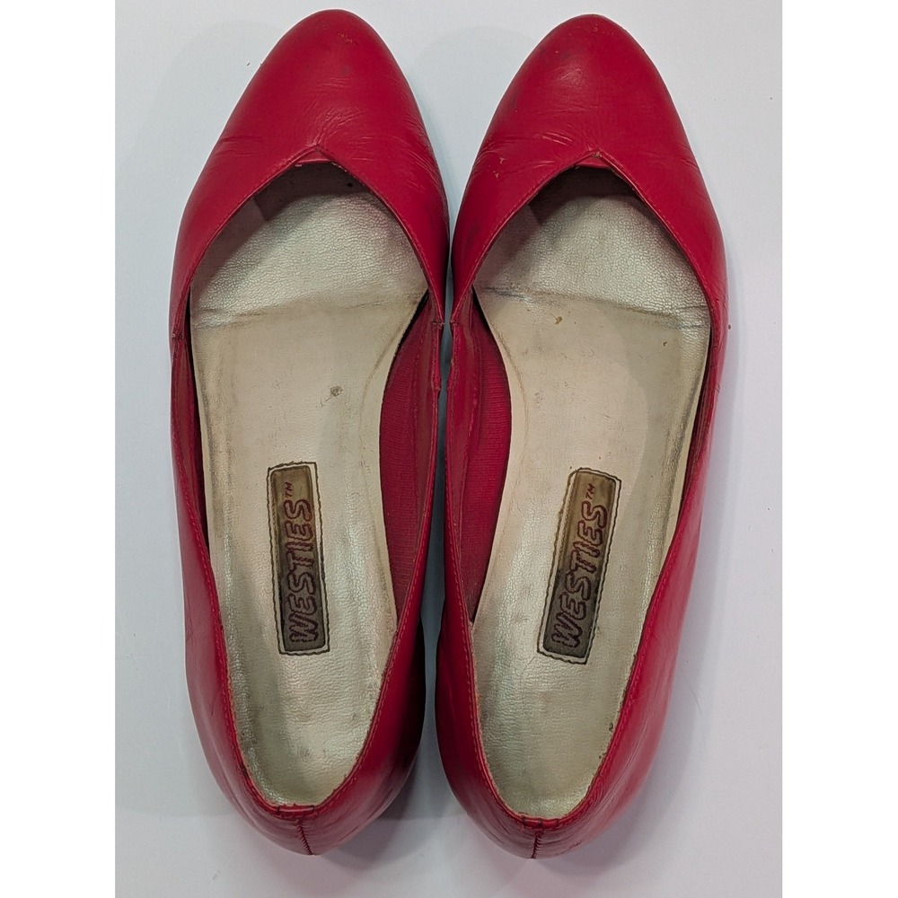 Westies Pointed Toe Wedge Flats Womens 7.5 Red Fair Vintage Leather V-Cut Vamp